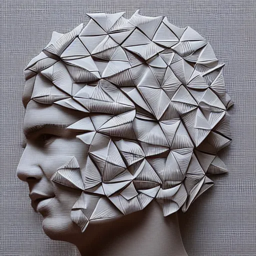 Image similar to an origami portrait of a caucasian man with wavey short hair, made from paper, friedly smile, raised eyebrows, great composition, ambient light