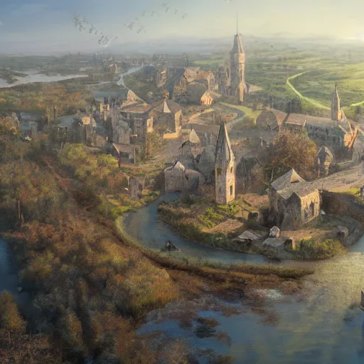 Prompt: high airborne view of a downtrodden medieval town by a river in a swamp surrounded by a spherical visible magic shield, 4k, by Greg Rutkowski, fantasy, mix of celtic and Rus architecture, visible spherical shield, cinematic