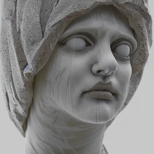 Image similar to a masterpiece marble sculpture of the hooded virgin, !cracks, !dramatic !face, !female, covered in intricate !detailed !!streaked veil , physically based rendering, ultra photo realistic, cinematic lighting , dark background by Dan Hillier