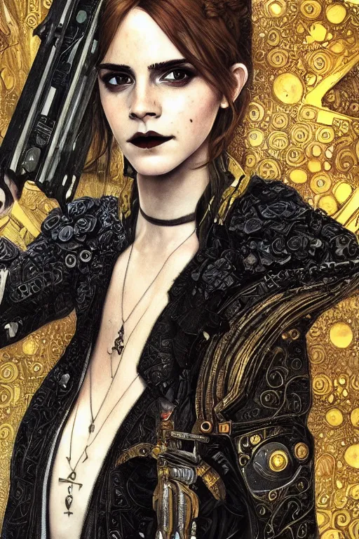 Image similar to portrait of beautiful gothic Emma Watson, cyberpunk, Warhammer, highly detailed, artstation, illustration, art by Gustav Klimt