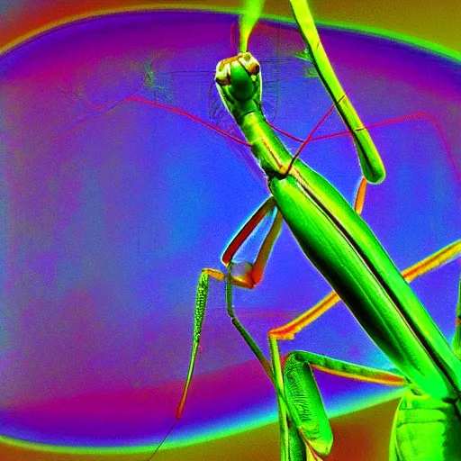 Prompt: psychedelic praying mantis looking into space