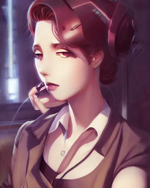 Image similar to portrait Anime 1940s Detective smoking, cyberpunk, high detail of the face, high detail, high modernization, artgerm, realistic shaded lighting ultra mega super hyper realistic