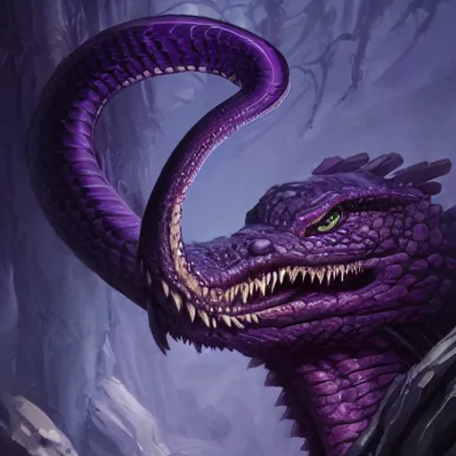 Image similar to a violet snake-head, snake head, two fangs, violet theme, epic fantasy digital art style, fantasy artwork, by Greg Rutkowski, fantasy hearthstone card art style