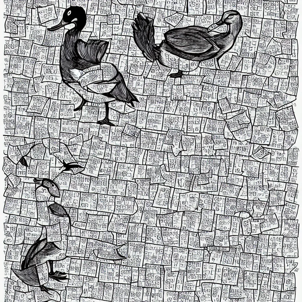 Prompt: A duck doing a crossword puzzle in the style of a New Yorker cartoon.