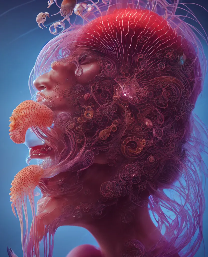 Image similar to goddess close-up face portrait. chimera orchid jellyfish phoenix head, nautilus, skull, betta fish, bioluminiscent creatures, intricate artwork by Tooth Wu and wlop and beeple. octane render, trending on artstation, greg rutkowski very coherent symmetrical artwork. cinematic, hyper realism, high detail, octane render, 8k