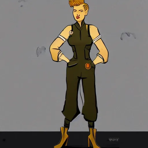 Prompt: character concept art of stoic heroic emotionless handsome blond butch tomboy woman with very short slicked-back hair, in atompunk jumpsuit and boots, science fiction, atompunk, illustration