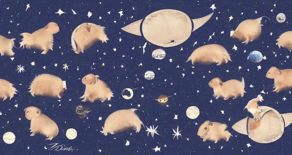Image similar to back view of many baby guineapigs on the cover of vogue magazine flying in space suits, deep dark universe, twinkling and spiral nubela, warmhole, beautiful stars, 4 k, 8 k, by hokusai, samurai man vagabond, detailed, editorial illustration, matte print, concept art, ink style, sketch, digital 2 d
