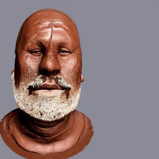 Prompt: a 53 year old man, made of chocolate. overweight, long face, wide face, chubby face, handsome, with a goatee beard, very short shaved gray hair, heavy-set lower jaw, brown eyes, wide nose