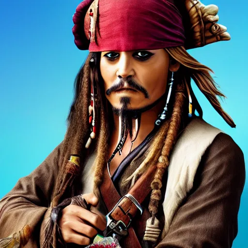 Prompt: jack sparrow with a parrot on the shoulder, portrait, 8k resolution, hyper detailed, realistic eyes, studio lighting, cinematic