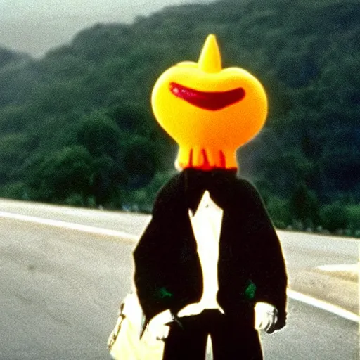 Image similar to Film still of an anthropomorphic tooth hitchhiking across America, Fellini film, 1972