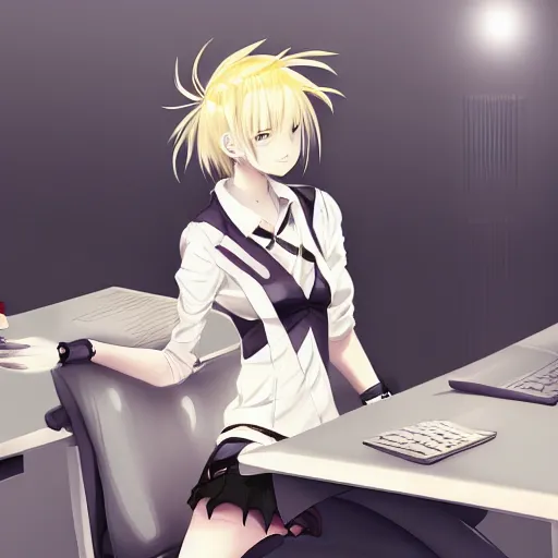 Prompt: advanced digital anime art, a seductive female teen with red eyes and blonde / yellow hair that is to waist length wearing a dark grey school outfit sitting on a desk in class. drawn by Shikamimi, WLOP,rossdraws