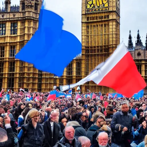 Prompt: a picture of westminster with a gigantic crowd of protestors on the street, the sky is blue and everyone is holding russian flags or posters with prince andrew's face wide shot hyperrealistic photography 7 0 mm