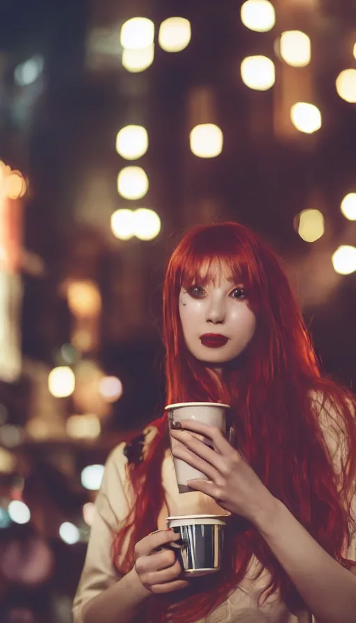 Prompt: Ultra detailed Hasselblad photo of a stunning pale gothic redhead woman drinking a coffee at an aesthetic night market, large bokeh elements, 8k, perfect lighting, soft focus, high contrast