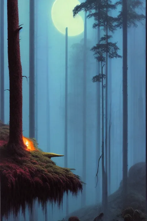 Image similar to emissary dark moody forest crescent moon home of the furry ewoks burning small fires that are illuminating the forest, foggy blue hour, waterfall, ( designated : ix 3 2 4 4 - a ) by arthur haas and bruce pennington and john schoenherr, cinematic matte painting, 8 k, dark color palate