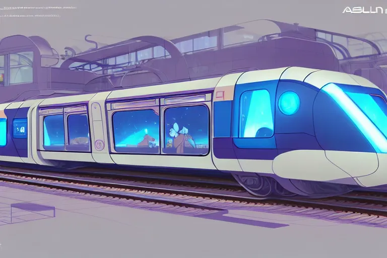 Prompt: futuristic train designed by Apple, Ilya Kuvshinov, digital, concept art, Kyoto animation, last exile, blue submarine no. 6,loish, murata range, kawaii, yoshitaka amano, studio lighting, manga, bright colors, beautiful, 28mm lens,alphonse mucha, vibrant high contrast, gradation, jean giraud, moebius, fantasy, rule of thirds, fibonacci, intricate, cel shaded, flat, matte print, makoto shinkai