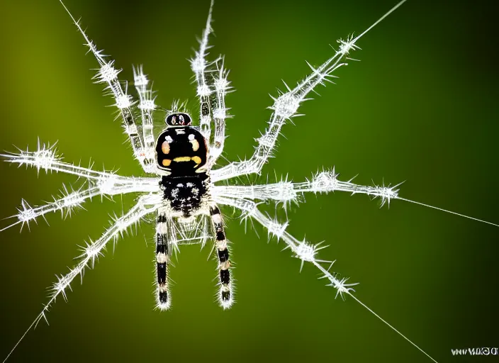 Image similar to super macro of a clear crystal spider with lcd monitor, in the forest. Fantasy magic style. Highly detailed 8k. Intricate. Nikon d850 300mm. Award winning photography.
