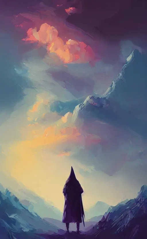 Prompt: a beautiful portrait of gandalf, art of alena aenami, featured on artstation, vertical orientation, paint brush strokes, expressionism, brushstroke - laden, breathtaking clouds, long exposure, midnight theme, blue purple gradient