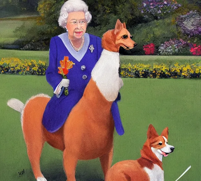 Image similar to oil painting of queen elizabeth riding a corgi like a horse across the lawn of buckingham palace