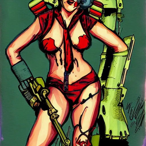 Image similar to zombie mech christina ricci pinup, art by michael miller