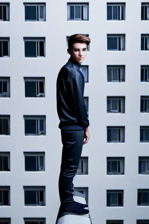 Image similar to un ultra high definition studio quality photographic art portrait of a young man standing on the rooftop of a british apartment building wearing soft padded silver pearlescent clothing. three point light. extremely detailed. golden ratio, ray tracing, volumetric light, shallow depth of field. set dressed.