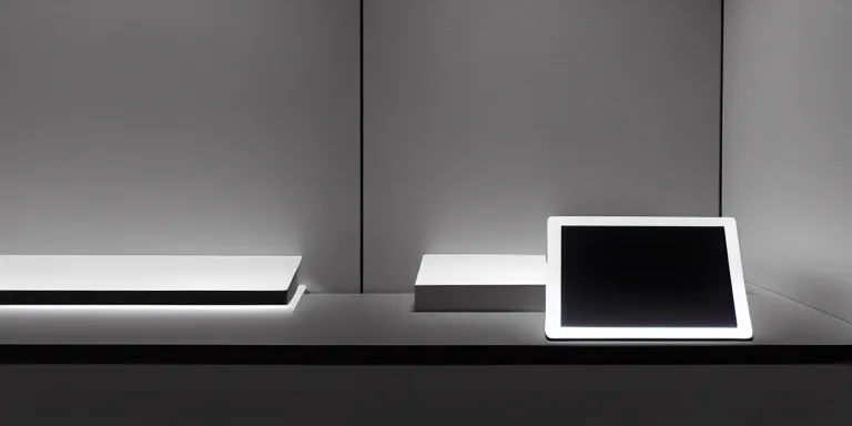 Image similar to dezeen showroom, minimalissimo, archdaily,, teenage engineering moad, mother of all decks, product design concept, product shot of moog melotron synthesizer with ipad gradient screens designed by 2 0 4 6 lab, jony ives, dieter rams, 8 k, highly detailed photo