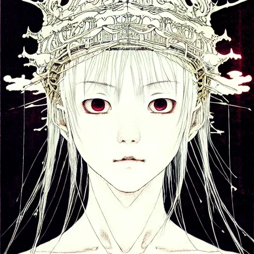 Image similar to prompt: Fragile looking vessel portrait soft light drawn by Takato Yamamoto, inspired by Fables, ancient crown, magical and alchemical weapons, soft light, white background, intricate detail, intricate ink painting detail, sharp high detail, manga and anime 2000