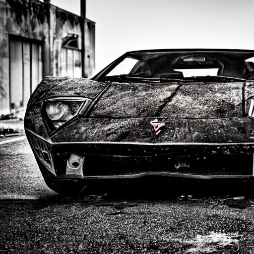 Image similar to black and white press photograph of a rusted abandoned lamborghini on a busy street, detailed, natural light, mist, film grain, soft vignette, sigma 5 0 mm f / 1. 4 1 / 1 0 sec shutter, imax 7 0 mm footage