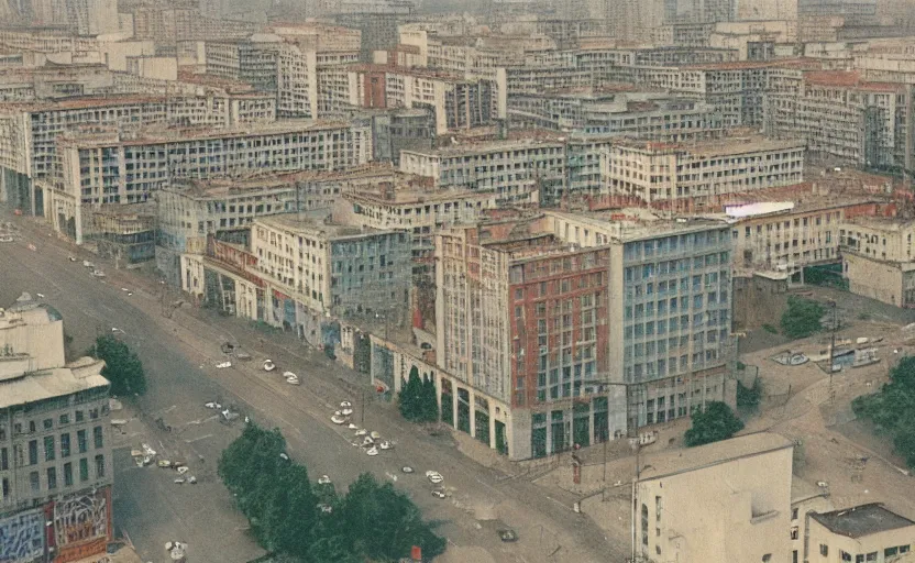 Image similar to high quality 2000s historic footage of soviet boulevard with stanilist style high rise and pedestrians, color aerial photo drone, Cinestill 800t, heavy grainy picture, very detailed, high quality, 4k panoramic