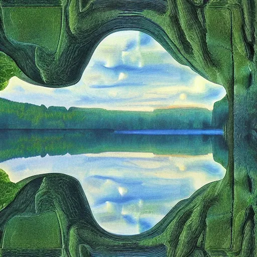 Image similar to escher painting of a lake, big trees reflecting on lake surface, ultra sharp, ultra detailed, colorized by salvador