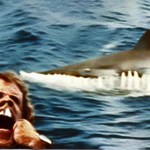 Image similar to still from jaws ( 1 9 7 5 ) showing an atomic bomb being used on the shark, still, color