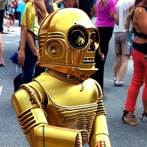 Image similar to c 3 po at a pride festival