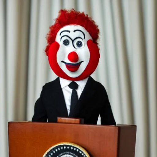 Prompt: puppet show of a string marionette of a president with clown face in a podium