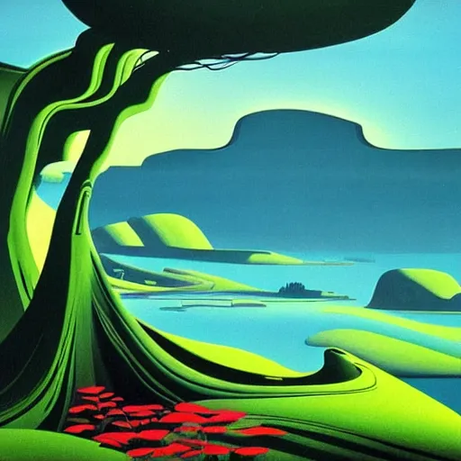 Image similar to painting of a lush natural scene on an alien planet by eyvind earle. magical realism. beautiful landscape. weird vegetation. cliffs and water.