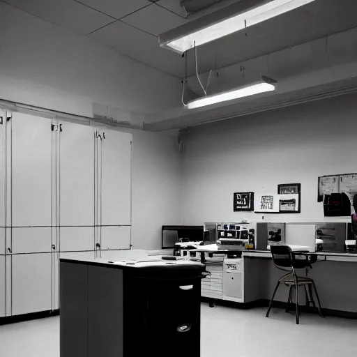 Image similar to noisy color photograph of a break room, laboratory, dark corners, minimalist, cinematic, soft vintage glow