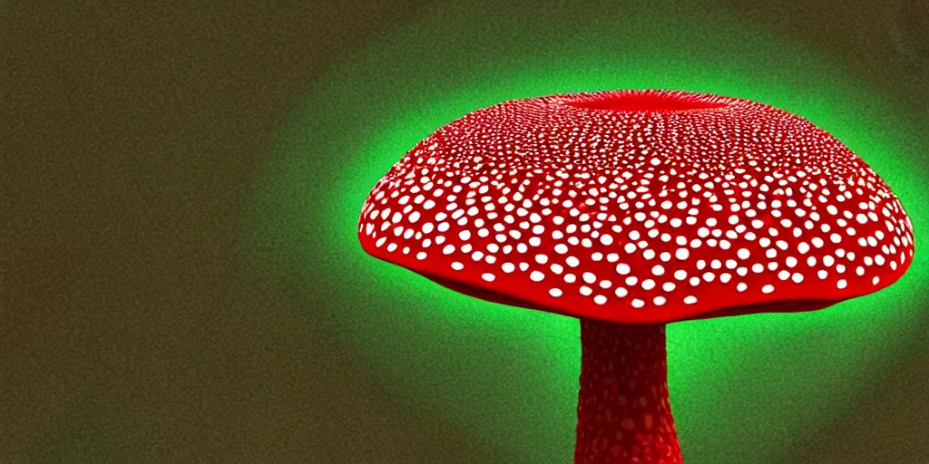 Image similar to a 3 d render of a giant psychedelic amanita muscaria, many tiny people are below looking up at it,