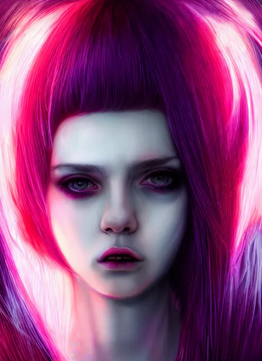 Image similar to hair whitebangs hair, black cyberlox, portrait of teenage girl with white bangs, whitebangsblackhair, messy bangs, cyberlox, whitebangs, red irises, purple clothes, intricate, elegant, glowing lights, highly detailed, digital painting, artstation, concept art, sharp focus, illustration, art by wlop, mars ravelo and greg rutkowski