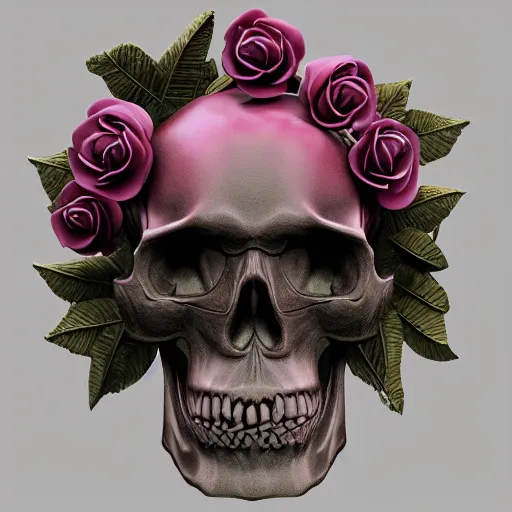 Prompt: gothic sculpture of skull with decorative floral design, deep texture, intense detail, hyperealism, 4 k