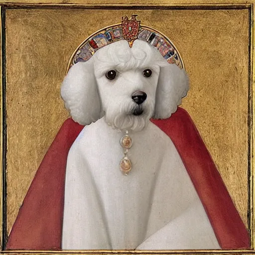 Image similar to portrait of a white poodle as an italian queen, painting by giotto di bondone, 1 3 0 0