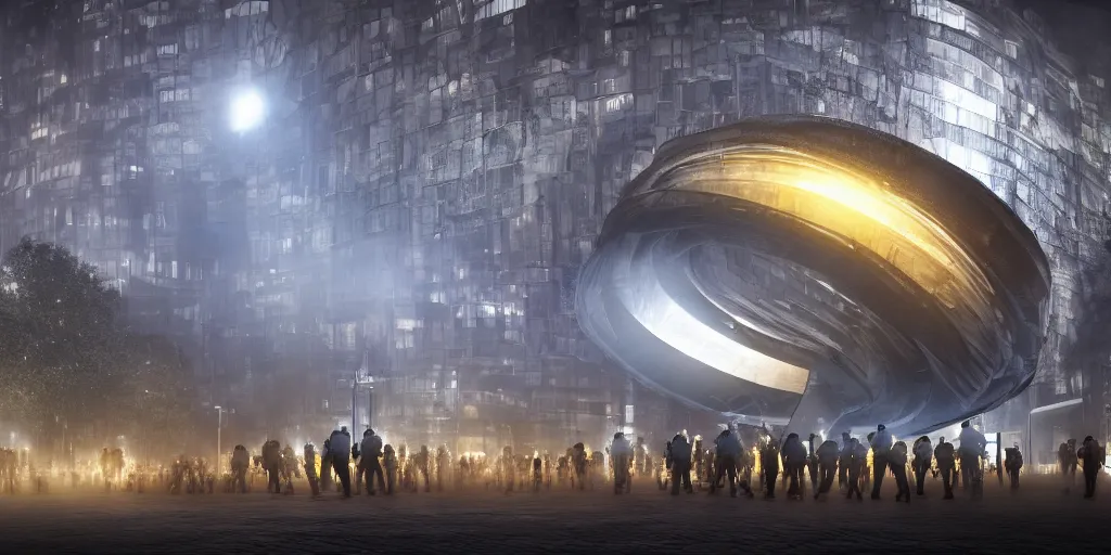 Prompt: a lot of policemen protect a huge spiral - shaped luminous object right in the center of the city from protesting people, night, rain and light fog, professional lighting, concept art in 3 d, high detail, professional lighting