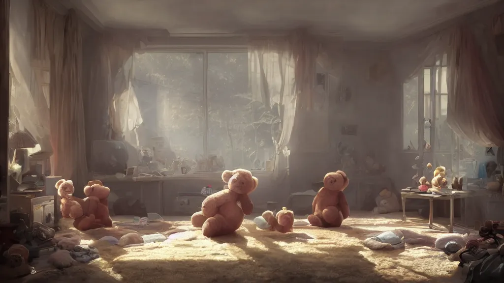 Prompt: a Photorealistic hyperrealistic render of an interior of a spoiled child's beautiful bedroom with a giant teddy bear sitting on the floor by PIXAR,Greg Rutkowski,WLOP,Artgerm,dramatic moody sunset lighting,long shadows,Volumetric, cinematic atmosphere, Octane Render,Artstation,8k