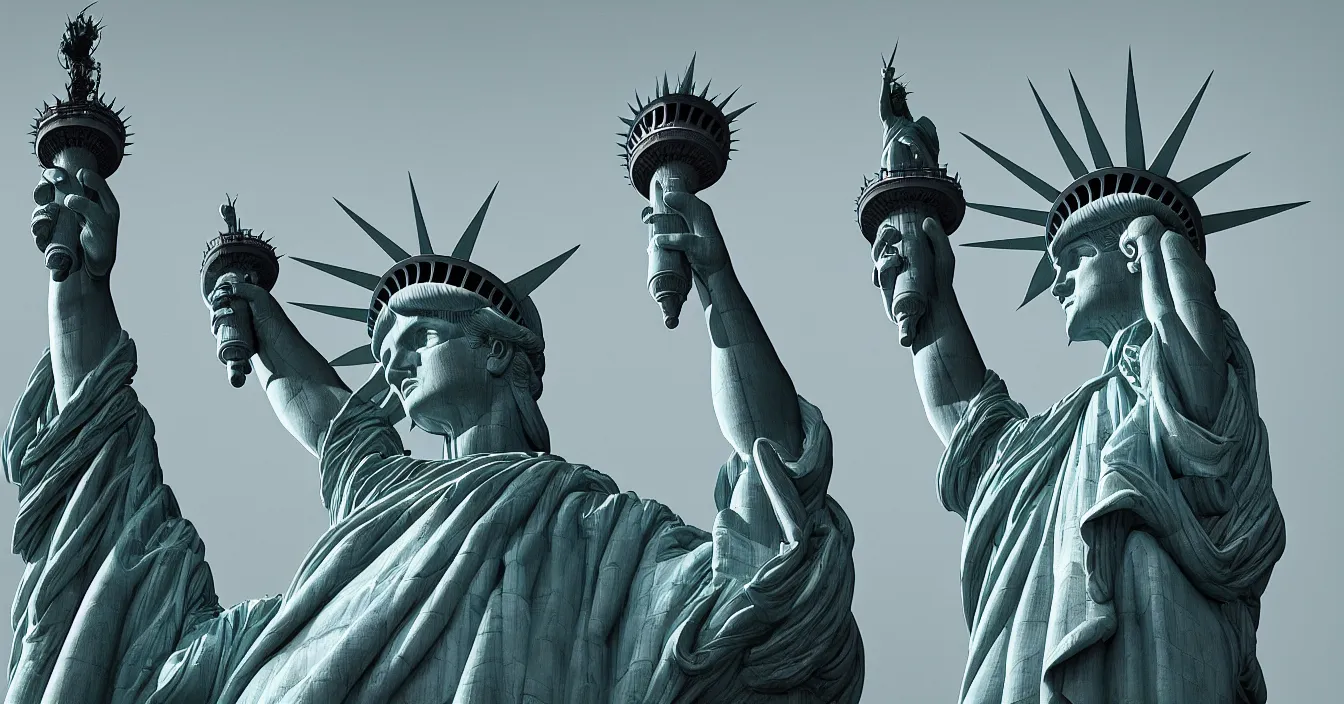 Prompt: the statue of liberty is riding on a chopper and her hair is flying, freedom atmosphere, cinematic composition, depth, defocus, rendered in vray, raytracing, raymarching, by ilm, digital domain, weta digital