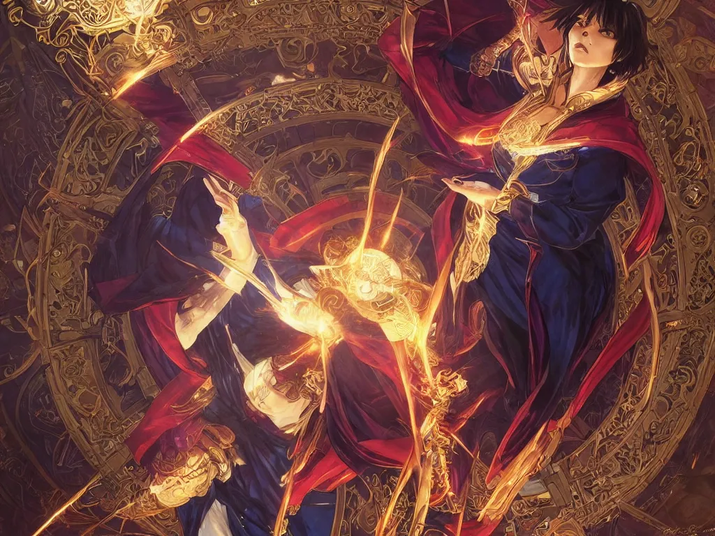 Image similar to anime key visual of one beautiful female doctor strange, marvel comics, spells, magic, intricate, inside magical temple stunning, highly detailed, digital painting, artstation, smooth, hard focus, illustration, art by artgerm and greg rutkowski and alphonse mucha