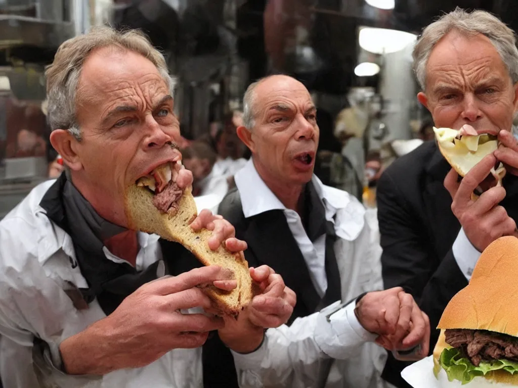 Image similar to a man whose head has been expanded into the shape of an anvil, eats a beef sandwich. he is gagged and trussed like a turkey. he is tony blair