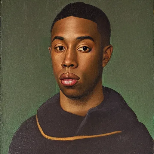 Image similar to a renaissance style portrait painting of tyler the creator