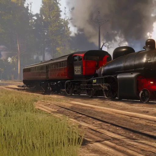 Image similar to futuristic sleek steam locomotive in red dead redemption 2