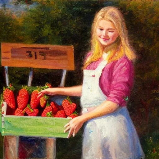 Image similar to Cute Blonde Girl 21 years old with locks sells Strawberries in a fruit stand, oil on canvas, Impressionism