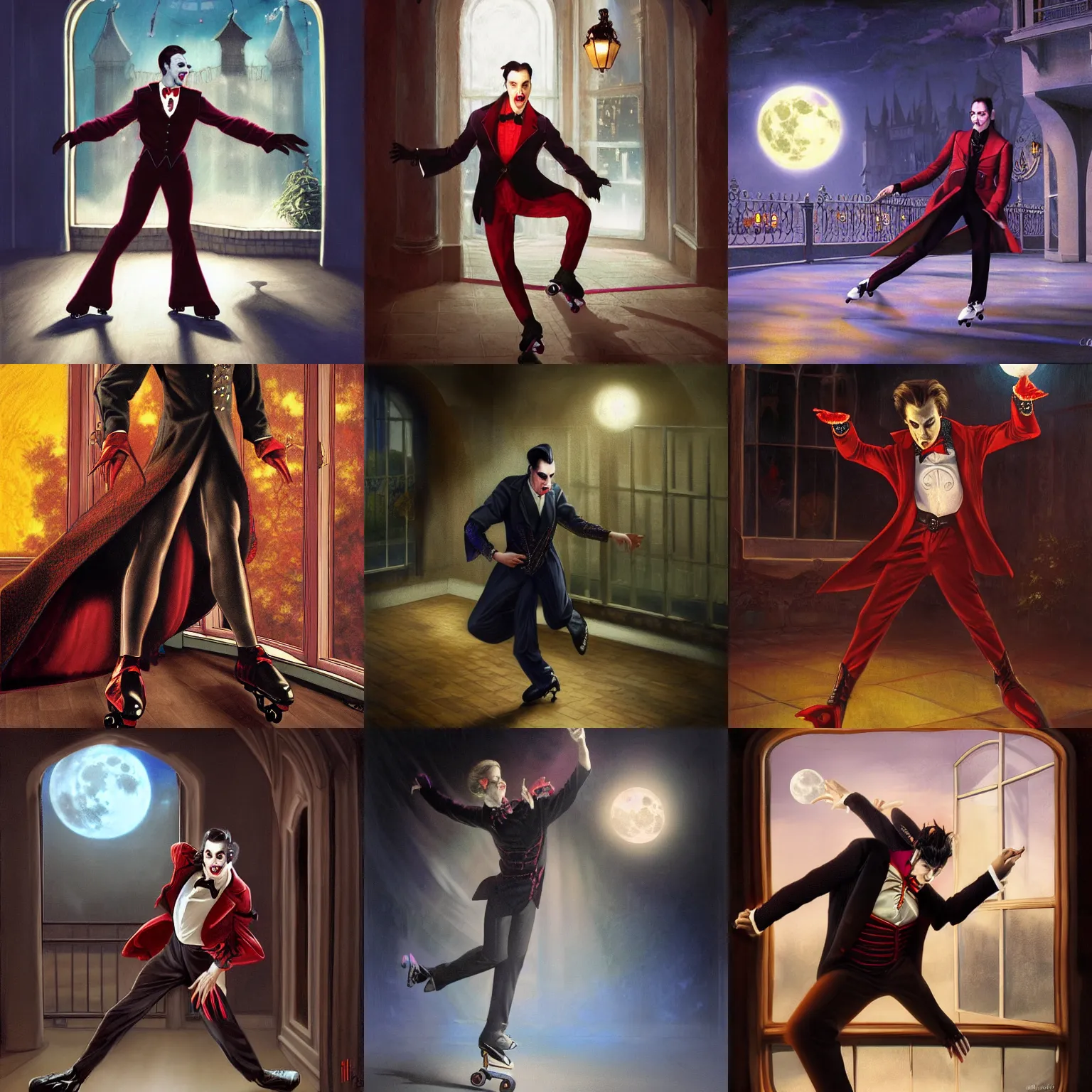 Prompt: attractive male dracula the vampire roller skating in a roller rink as a full moon shines through a window. highly detailed, full body portrait, intricate, hyper - realism, fantasy art style, detailed face, hyperrealistic, by craig mullins, j. c. leyendecker 8 k