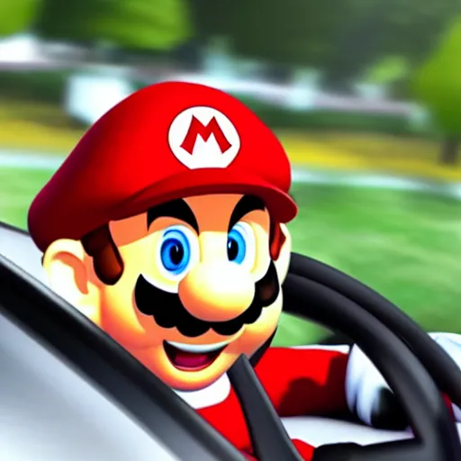 Image similar to mario mario driving a car, ultra realistic