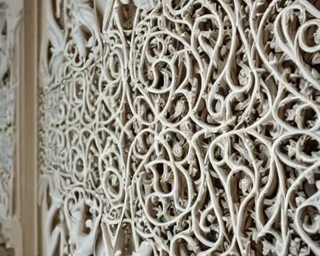 Image similar to wall craving filigree carved out of ivory about fishes fins scales, intricate insanely detailed