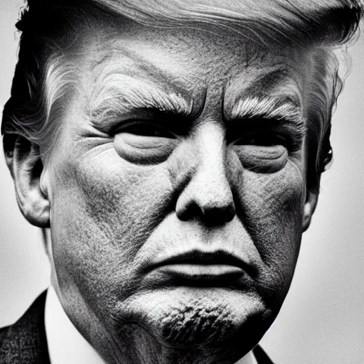 Image similar to photo of Donald Trump by Diane Arbus, extreme closeup, black and white, high contrast, Rolleiflex, 55mm f/4 lens